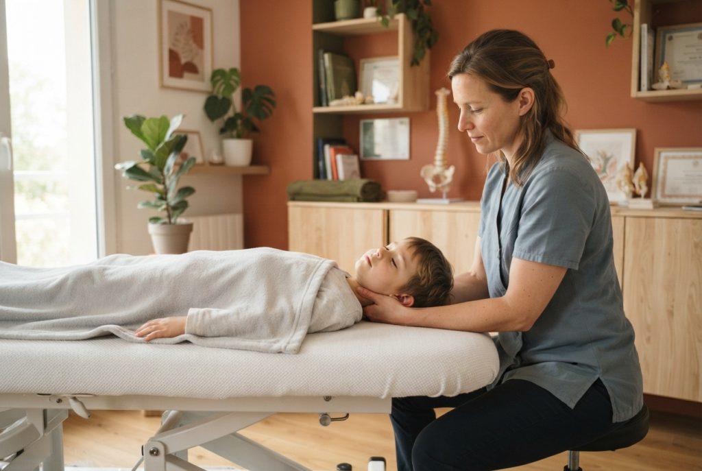 Étiopathe effectuant une manipulation cervicale douce chez un enfant pour une otite, cabinet Lancy Genève