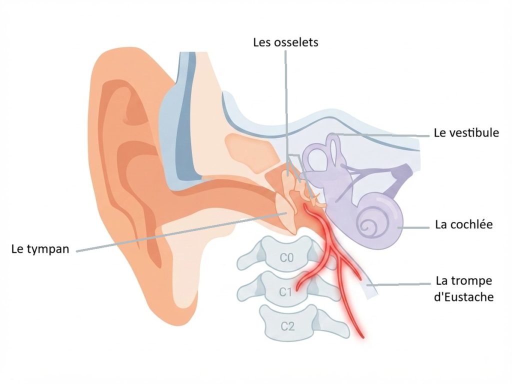 Schéma du trajet entre lésion cervicale C0-C2 et trompe d'Eustache dans le mécanisme de l'otite
