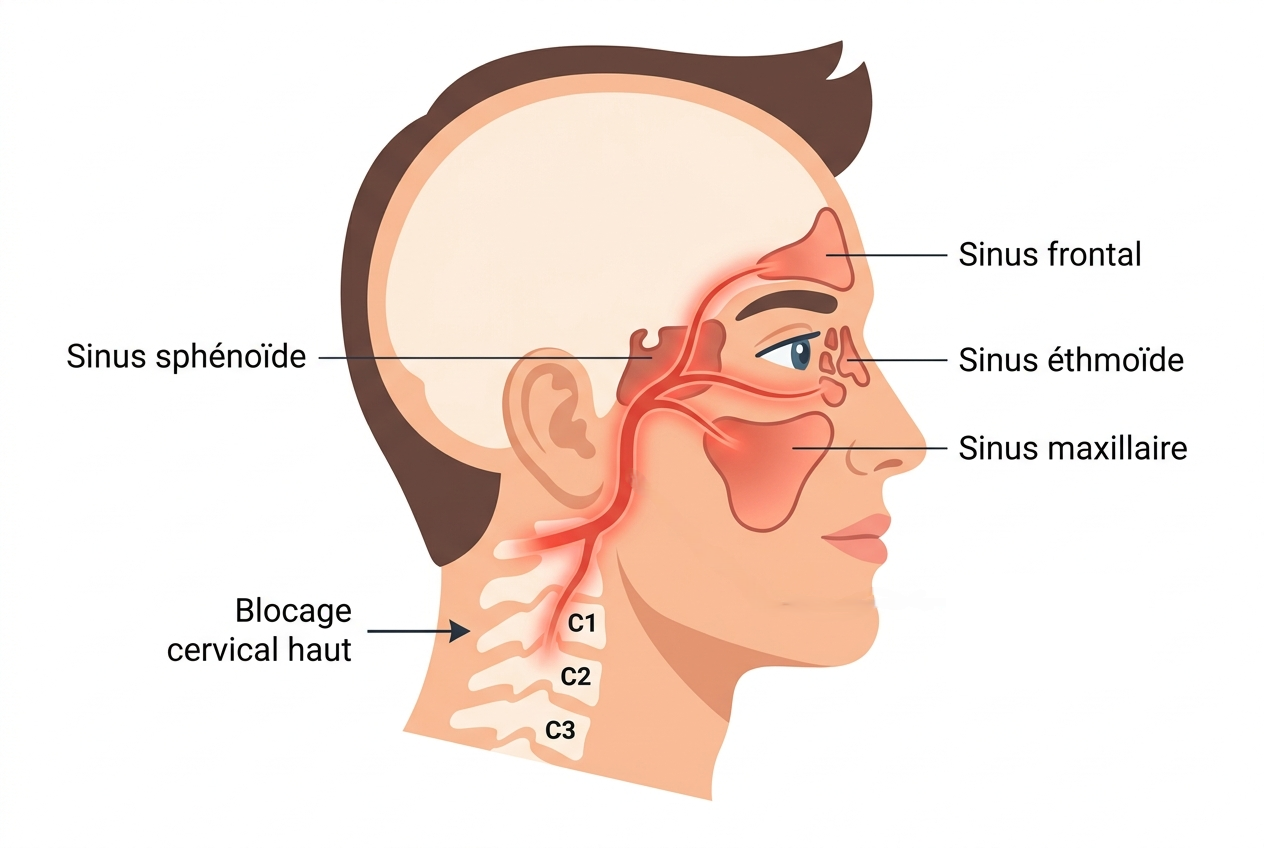 Schéma du trajet entre le blocage cervical haut et les sinus dans le mécanisme de la sinusite