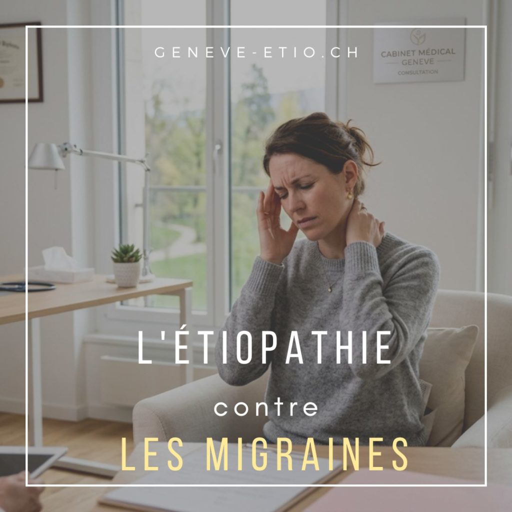 Femme souffrant de migraine cervicale à Genève, Champel et Grand-Lancy, avec douleur nuque et tête