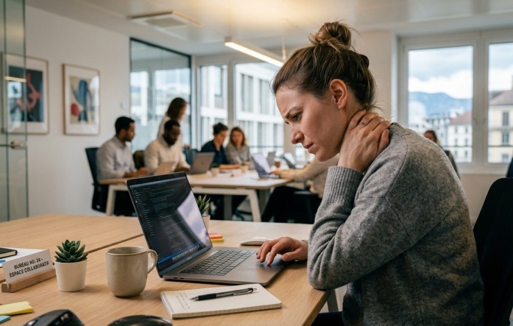 Mauvaise posture sur écran provoquant tension nuque et migraine