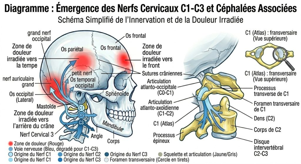 Schéma montrant le lien entre cervicales C1 C2 C3 et migraine