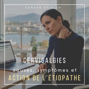 Femme souffrant d’une cervicalgie à Genève avec douleur nuque devant ordinateur
