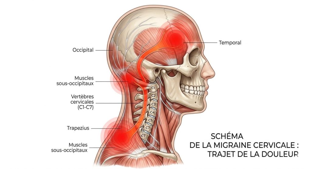 Schéma montrant le lien entre cervicalgie et migraine cervicale avec douleur partant de la nuque vers la tête à Genève