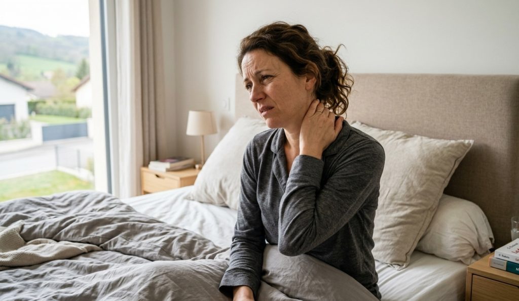 Femme avec douleur cervicale au réveil et nuque raide à Genève