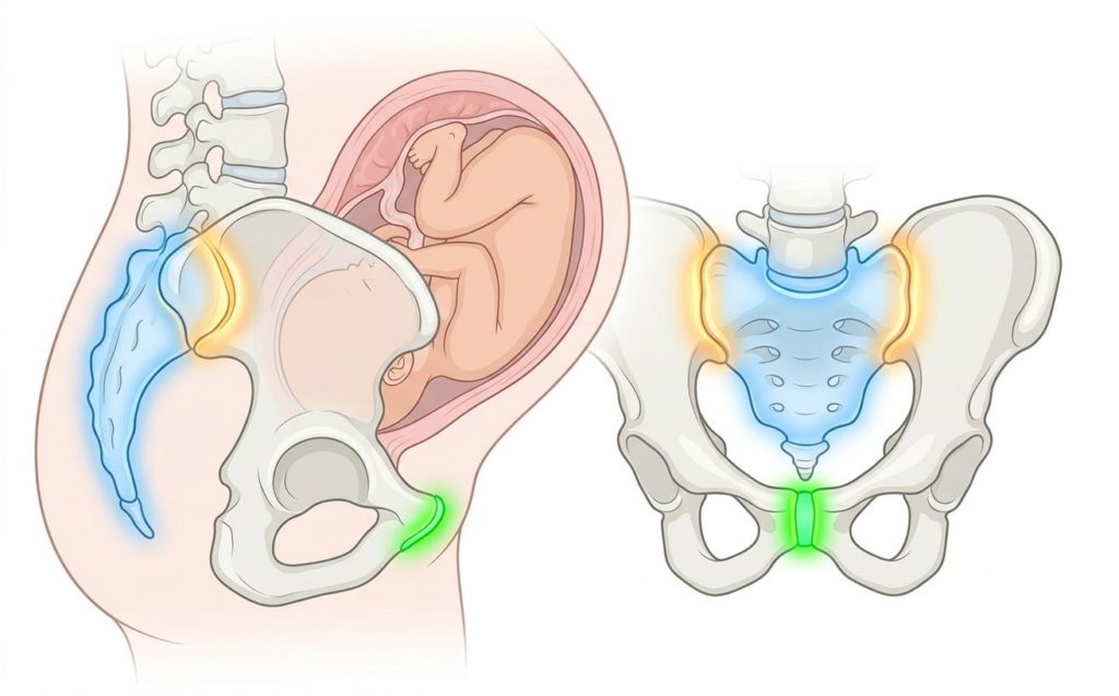 Schéma anatomique du bassin femme enceinte montrant les sacro-iliaques et la symphyse pubienne