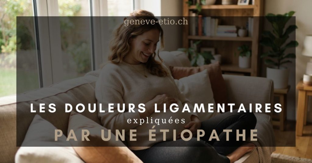 Femme enceinte tenant son bas-ventre, douleurs du ligament rond pendant la grossesse, étiopathe Genève