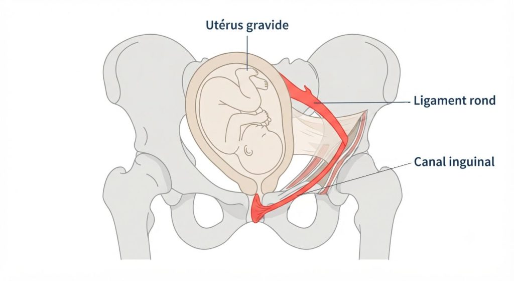 Schéma anatomique montrant le ligament rond et son étirement pendant la grossesse, illustration médicale
