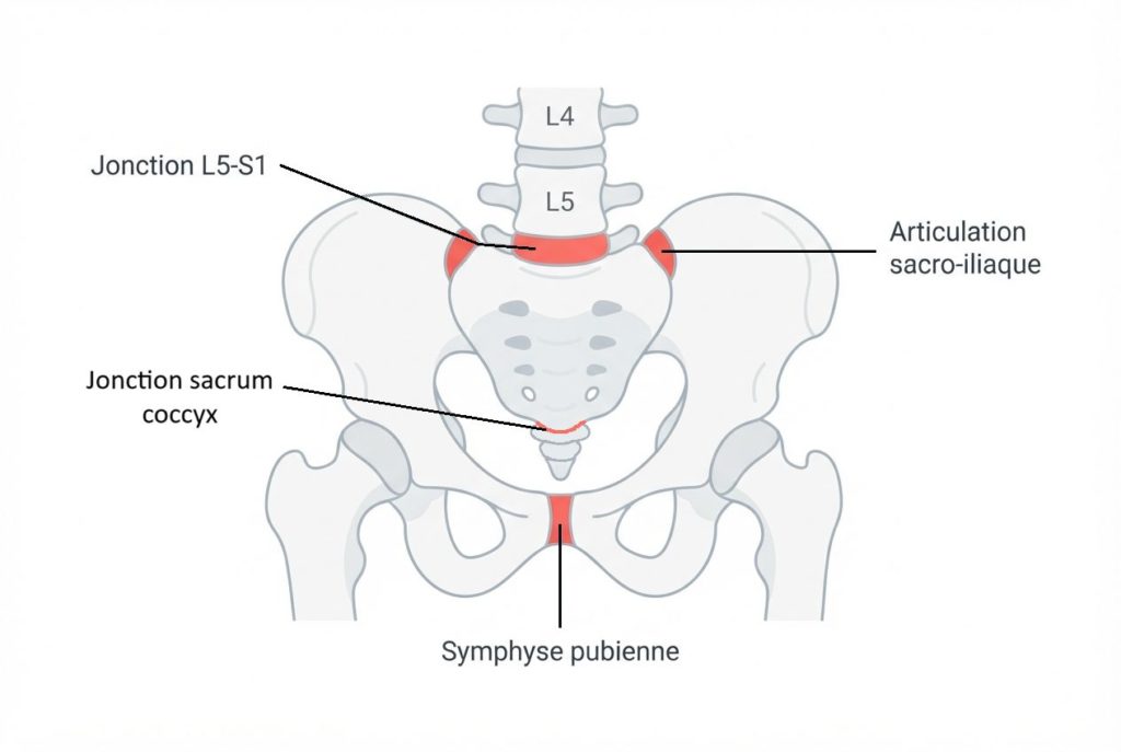 chéma des articulations du bassin assouplies par la relaxine pendant la grossesse