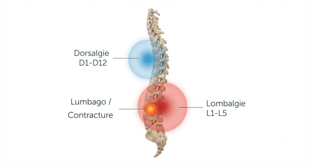 Schéma anatomique illustrant les zones dorsalgie (D1-D12), lombalgie (L1-L5) et lumbago sur la colonne vertébrale