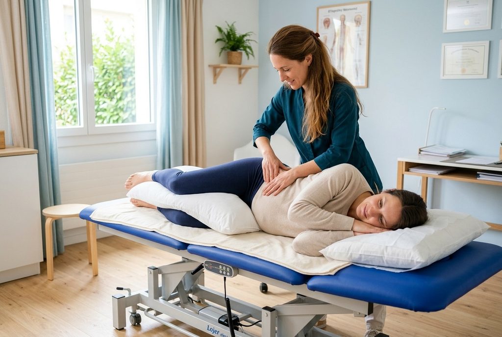 Étiopathe effectuant une manipulation douce du bas du dos chez une femme enceinte, cabinet Champel Genève