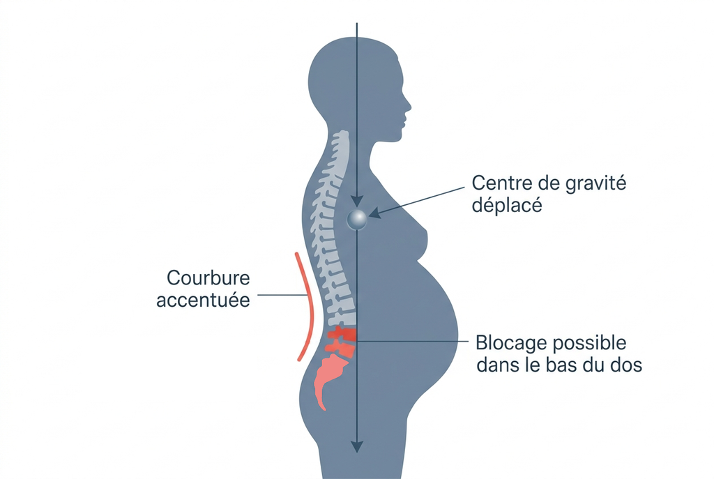 Schéma du mécanisme de la lombalgie pendant la grossesse, de la posture au blocage du bas du dos