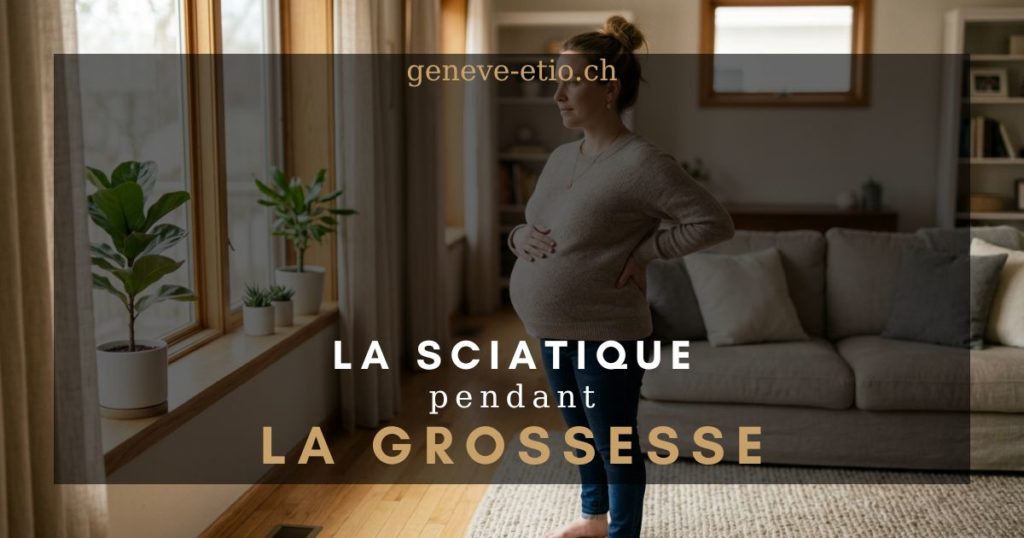 Femme enceinte se tenant le bas du dos, sciatique pendant la grossesse, Genève