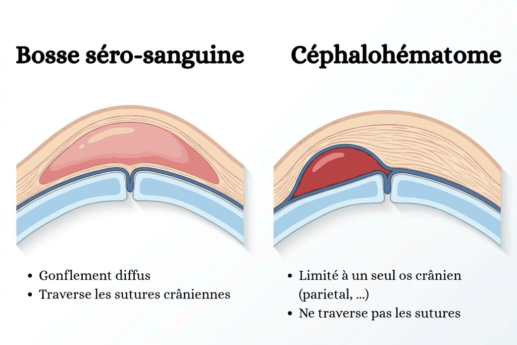 Coupe du crâne d’un nouveau-né comparant la bosse séro-sanguine, au-dessus du périoste, et le céphalhématome, sous le périoste
