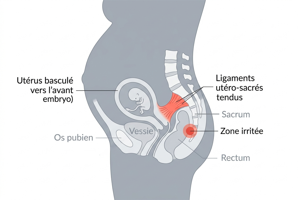 Schéma du mécanisme des nausées pendant la grossesse, de la bascule utérine à l'irritation digestive